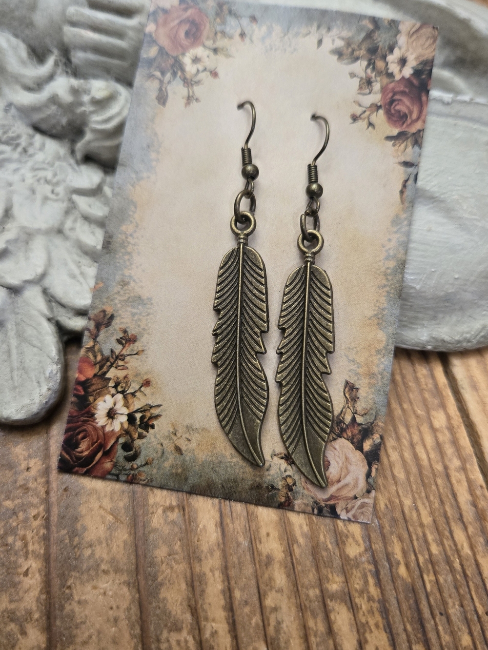 Antique Bronze Feather Drop Earrings - Women Jewelry
